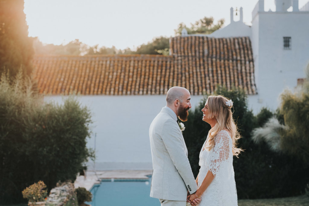 bride and groom portrait in evening sun at cortijo barranco jerez wedding photographer spain