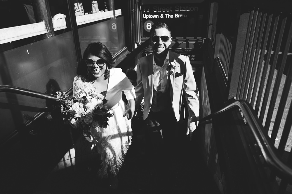 Bride and Groom destination new york city wedding subway photo