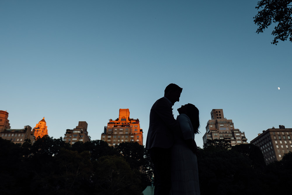 Central Park sunset skyline bride and groom silhouette wedding