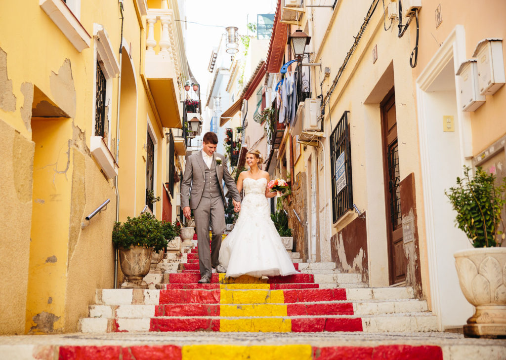 SOL Y MAR CALPE COSTA BLANCA WEDDING PHOTOGRAPHER BRIDE AND GROOM SPANISH STEPS CALPE
